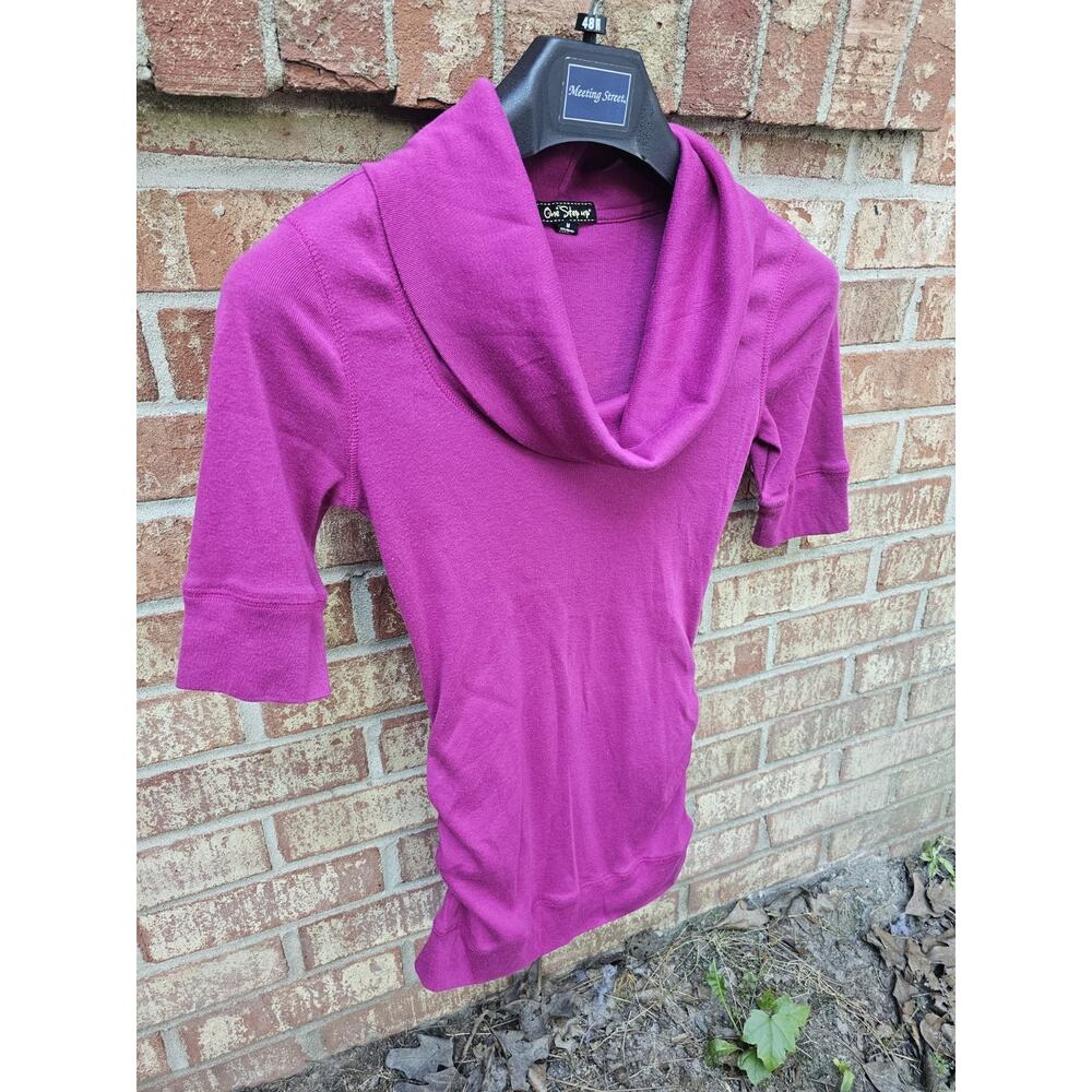 Vtg One Step Up Cowl Neck Top M Fuchsia Pink Ruched Ribbed Lightweight Y2K EUC